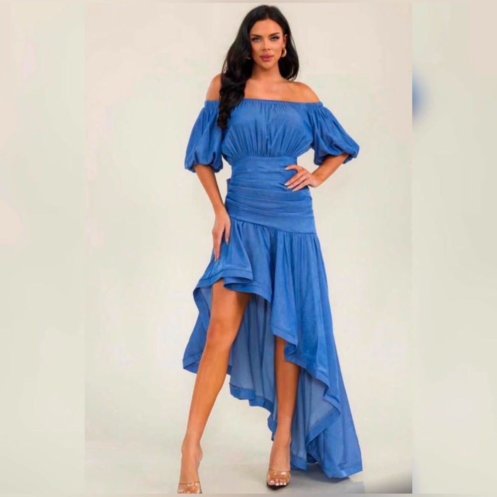 198B. Off Shoulder Asymmetrical Drape Dress